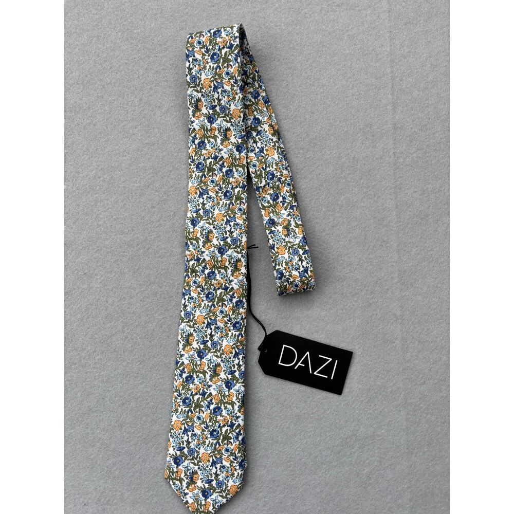NWT Dazi Mens Alpine Blum floral cotton slim skinny tie blue yellow 2.5"‎